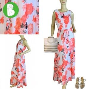 CHETTA B CORAL, WHITE AND GRAY FLORAL PRINT CHIFFON MAXI DRESS (12)